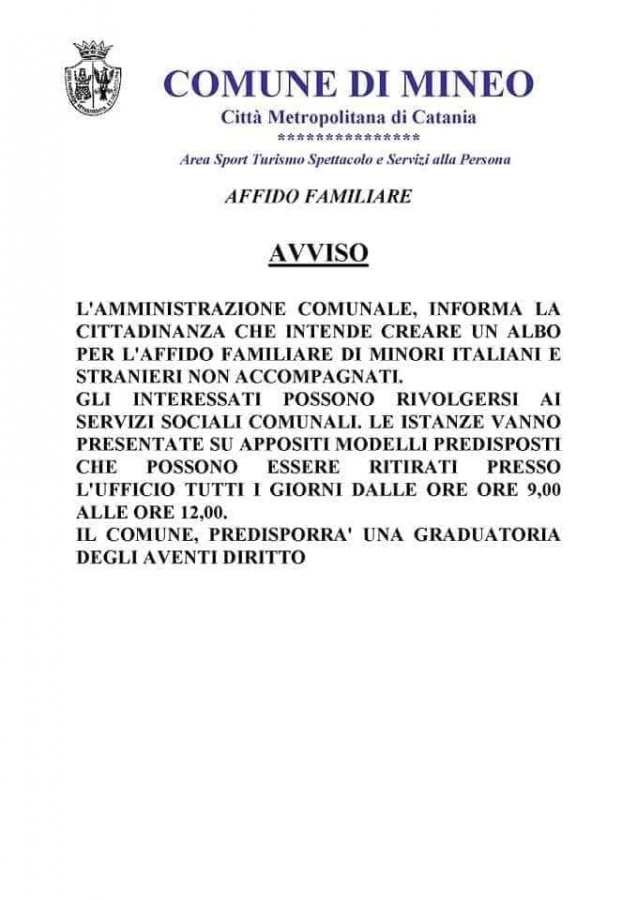 Mineo: Affido familiare, si costituisce l’Albo delle famiglie affidatarie di minori italiani e stranieri non accompagnati